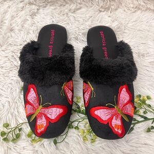 Patricia Green Butterfly Embroidered Velvet Slippers Slides Comfy Cushioned sz 7